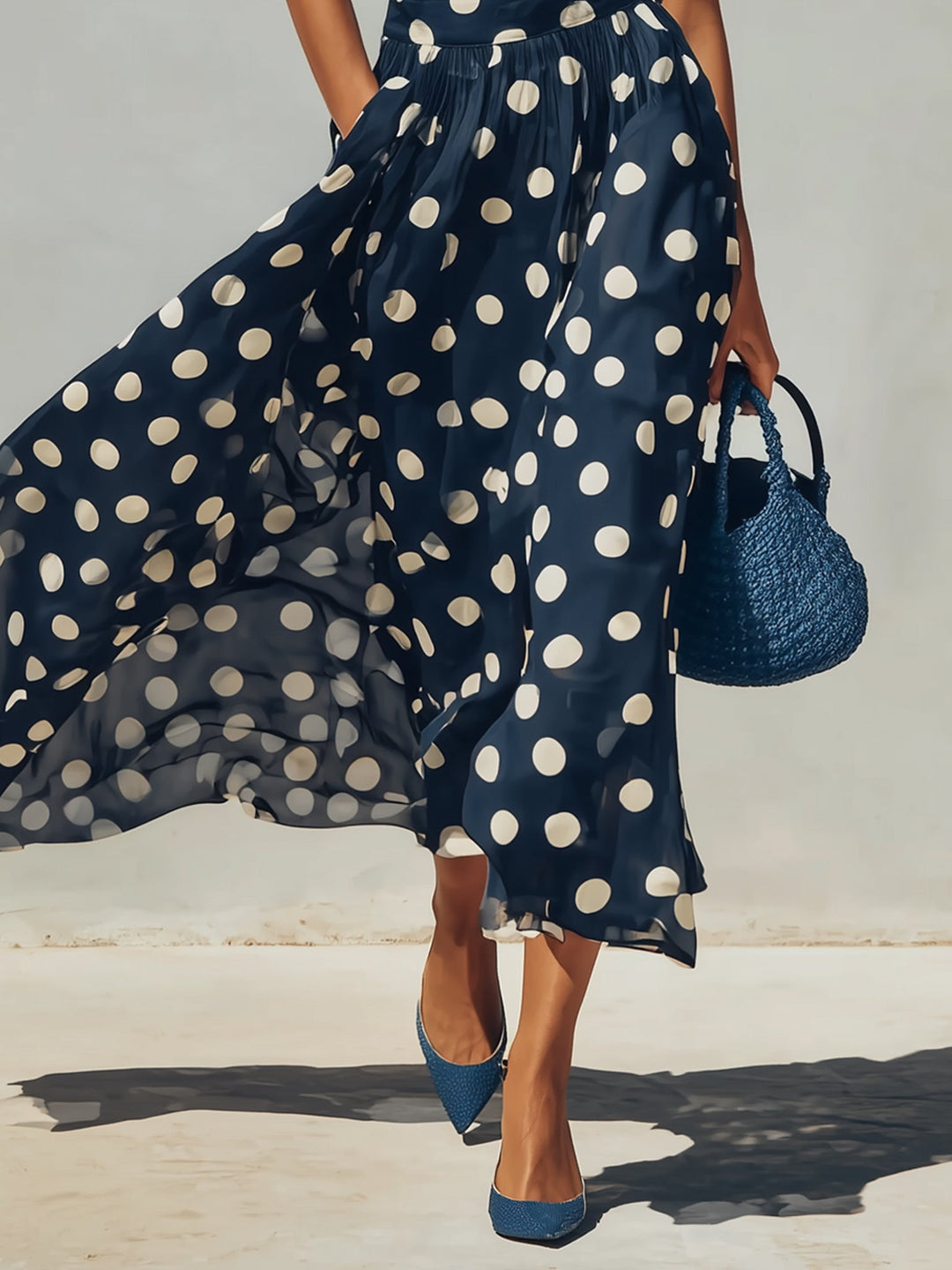 Navy Blue Short-Sleeved Top And Polka Dot Chiffon Skirt Set
