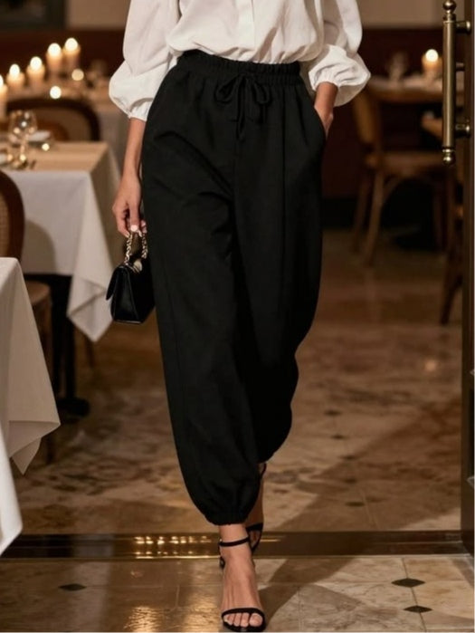 Off-the-Shoulder White Shirt and Black Trousers Set