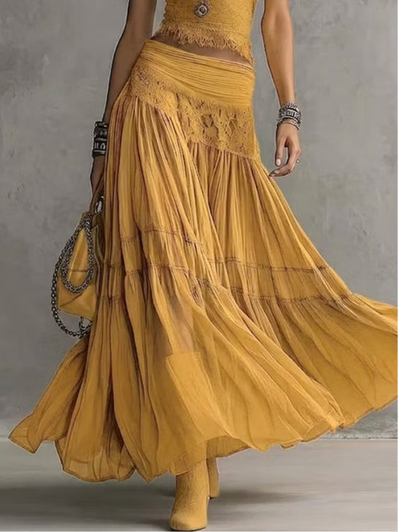 Yellow Sheer Lace-Paneled Top and Pleated Maxi Skirt Set