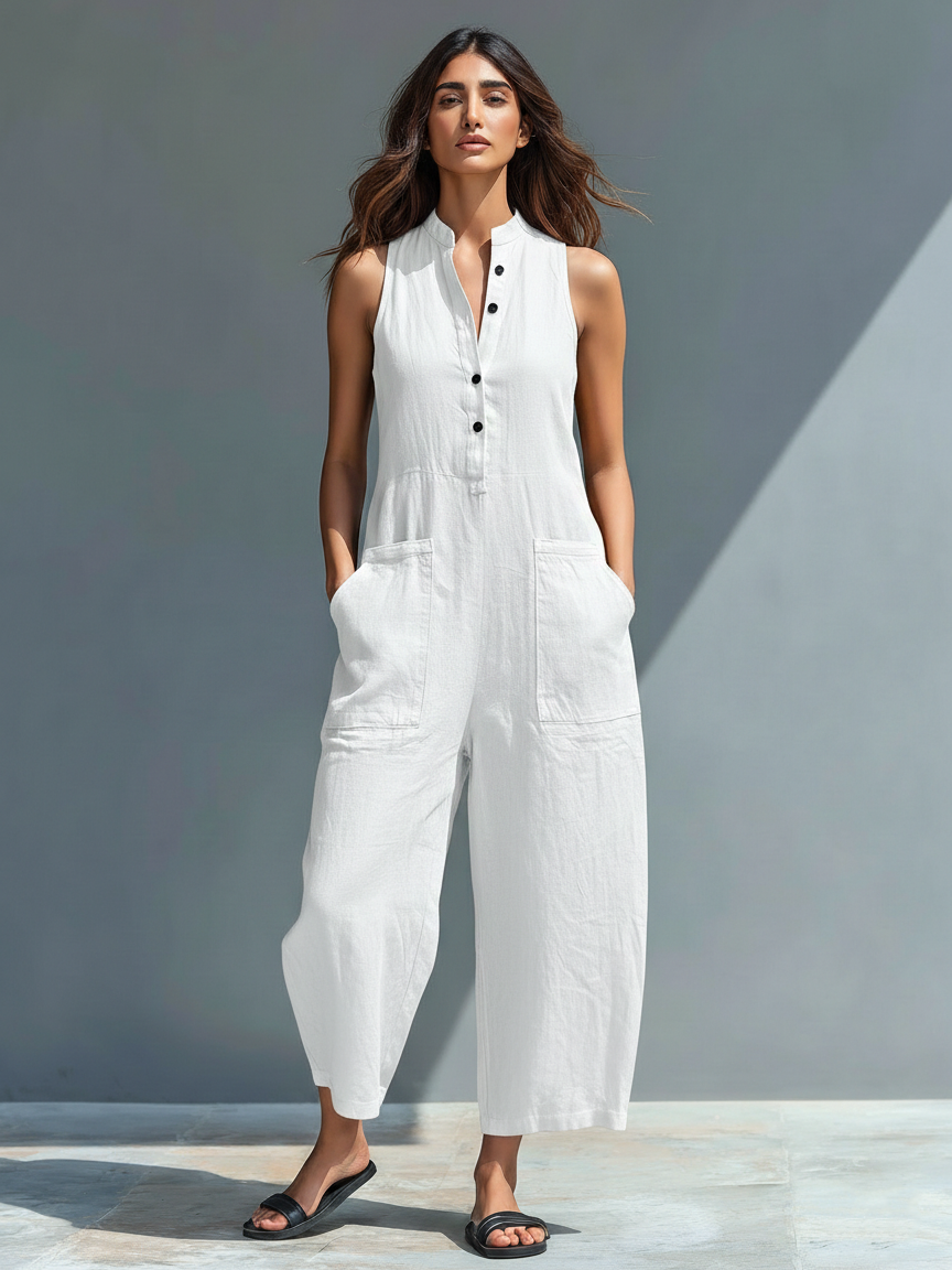 Salopette sans manches en lin mélangé minimaliste pour femme avec col montant et boutons