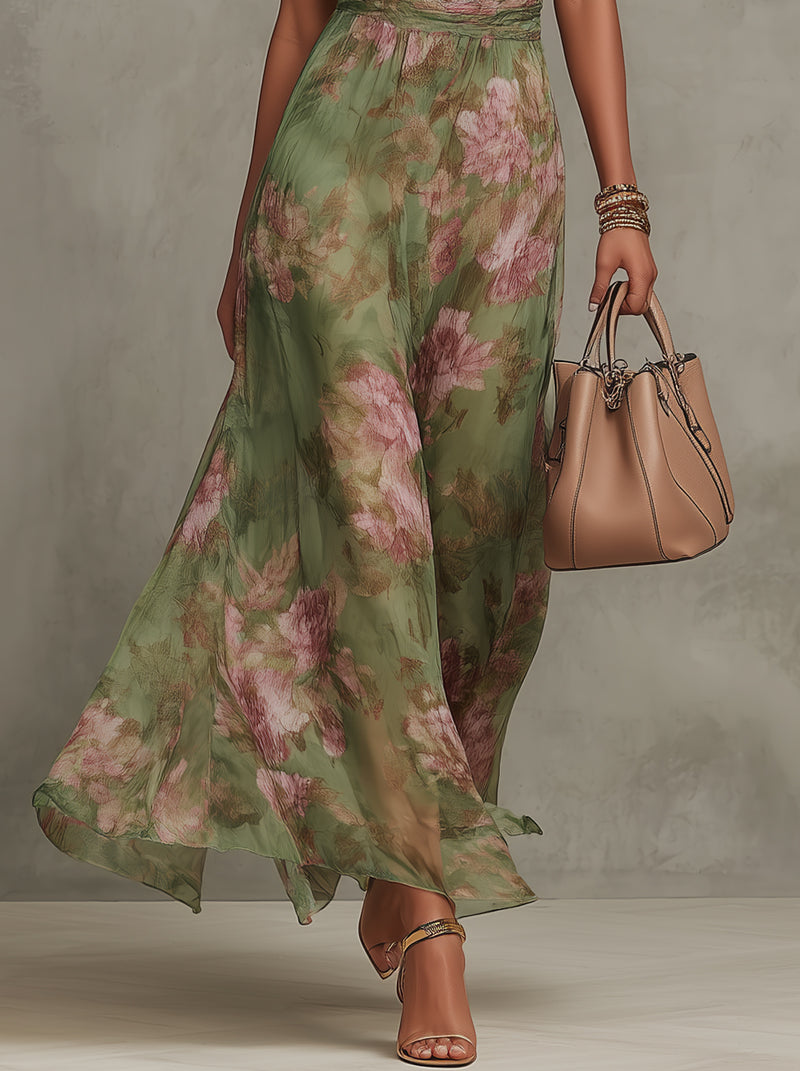 Serena | Abito lungo verde a fiori in chiffon con scollo halter
