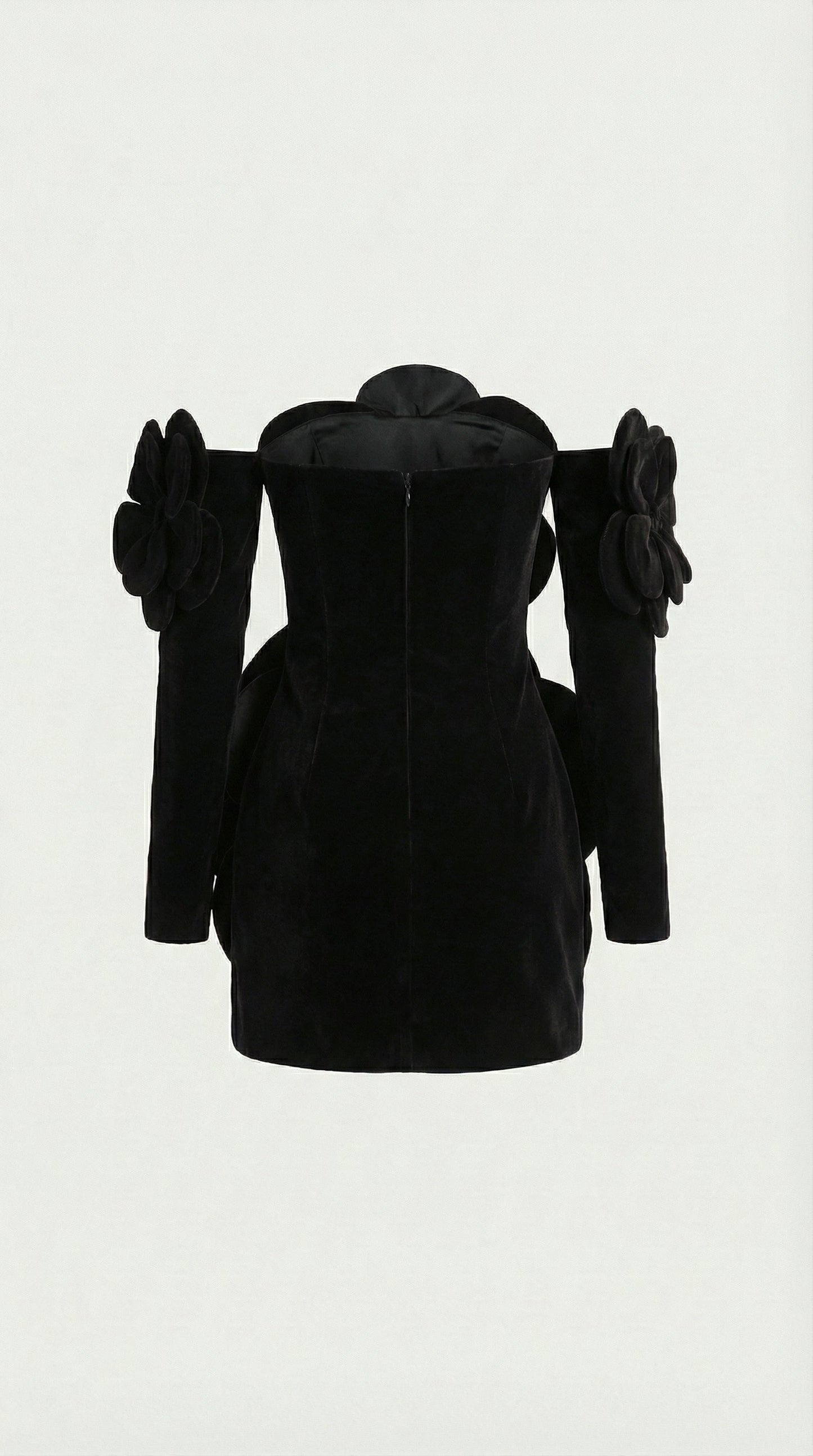 Solea - 3D Sculptural Velvet Floral Gown & Gloves Set Black