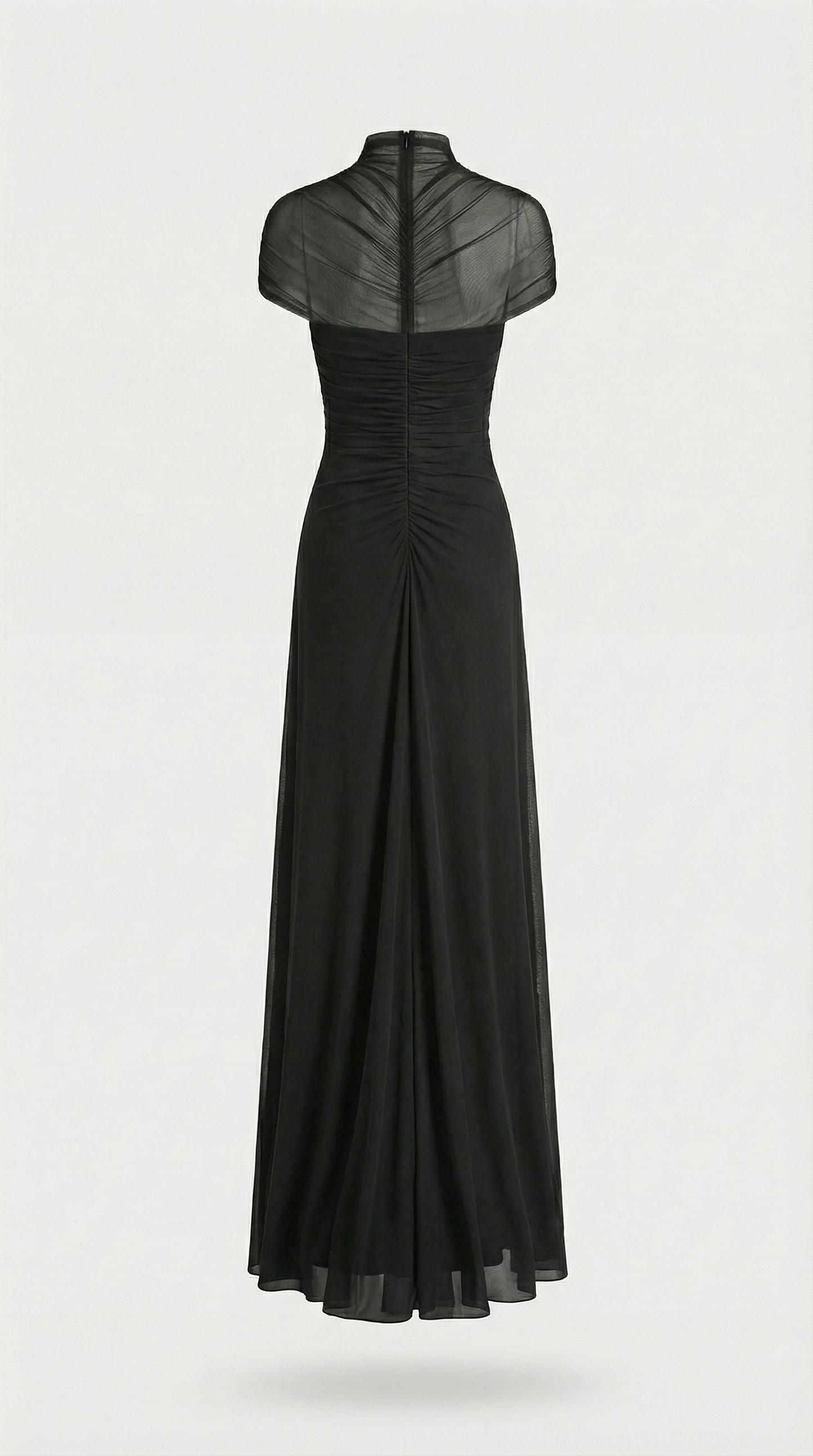 Aurea - Ruched Irregular Mesh Cut-Out Maxi Dress Black