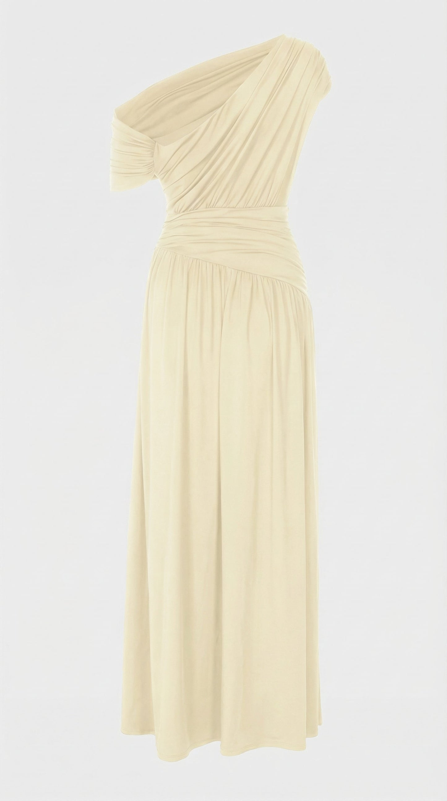 Leni - Diagonal Collar Pleated Irregular Dress Ivory