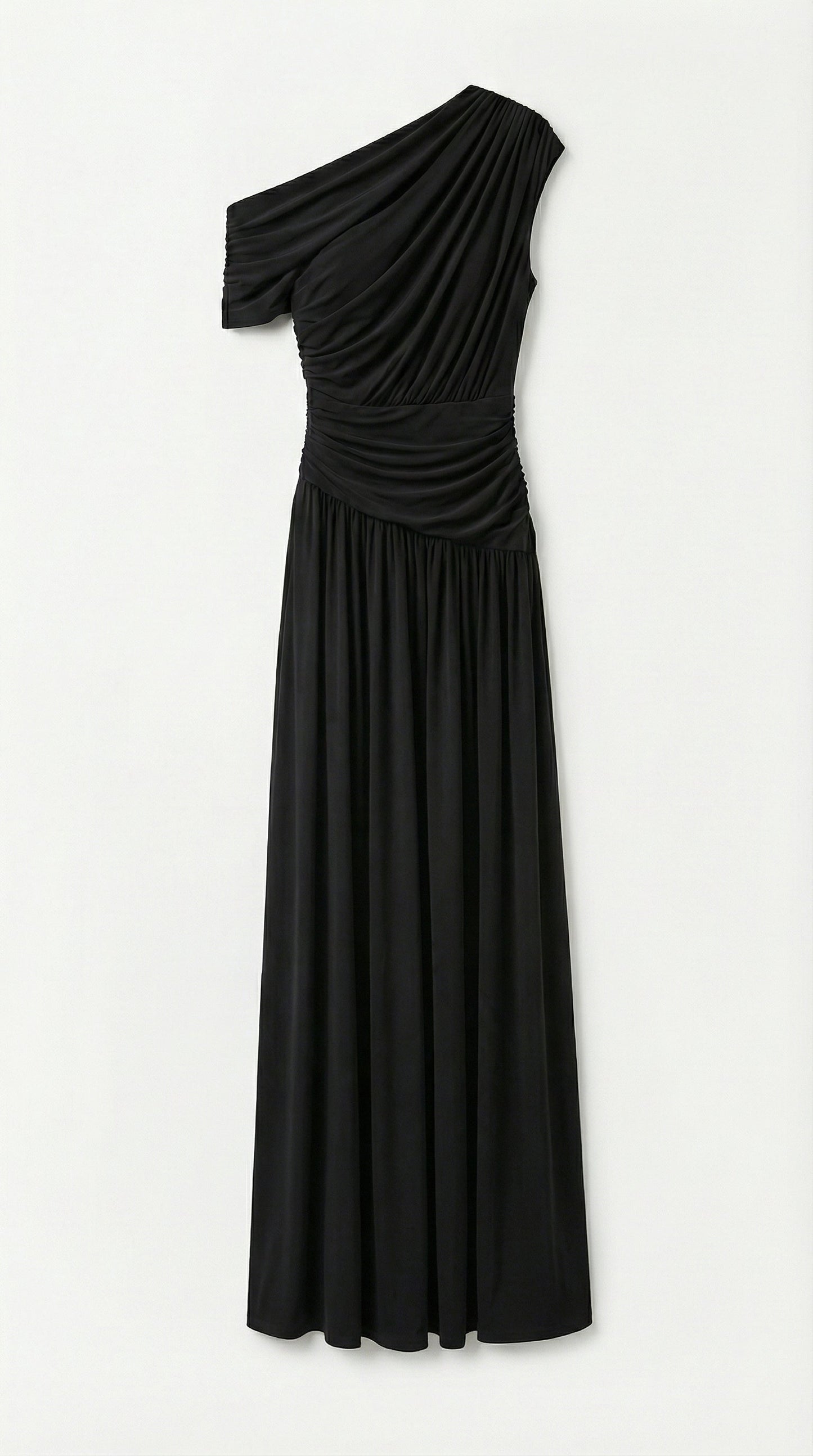 Leni - Diagonal Collar Pleated Irregular Dress Black