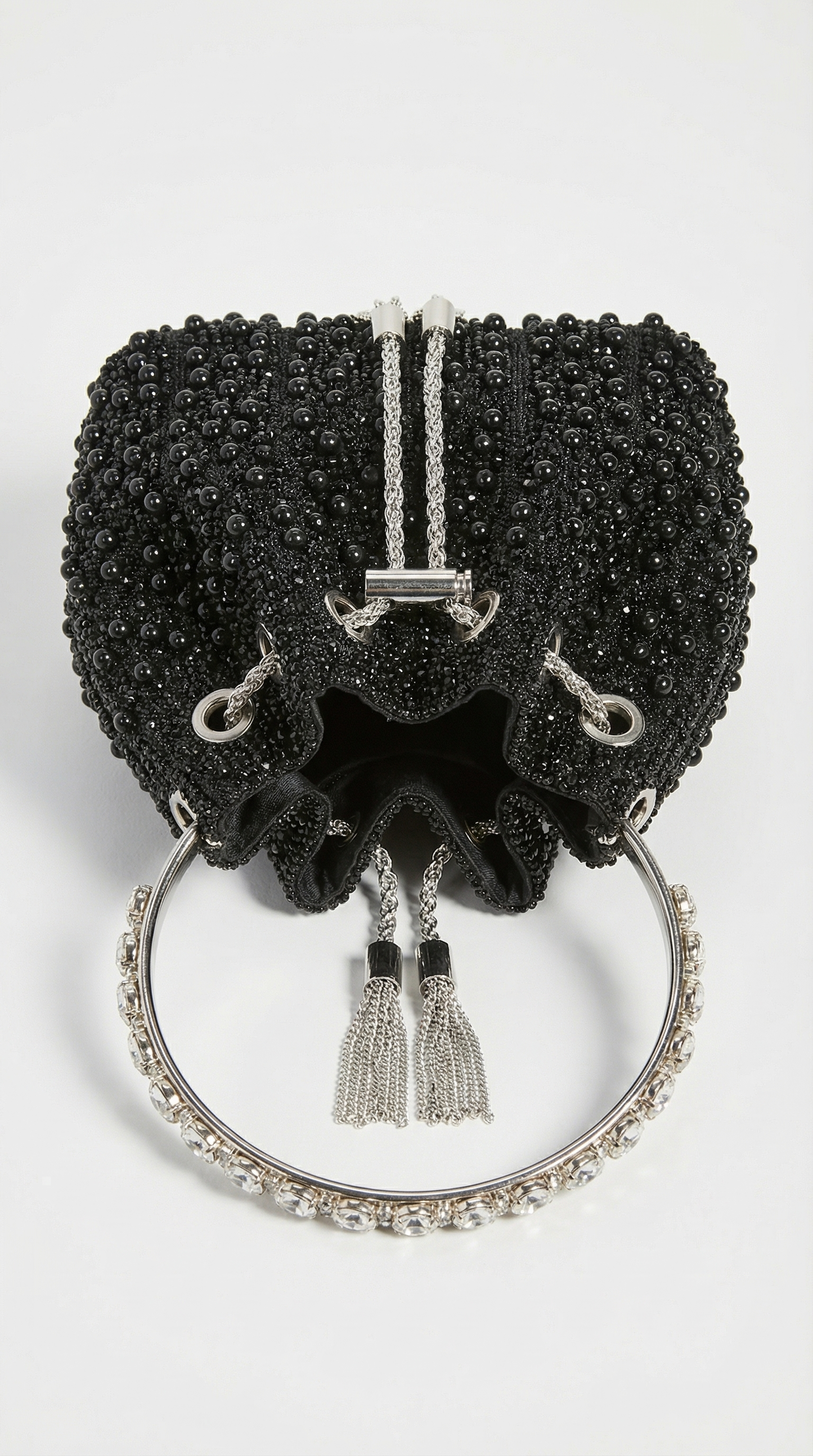 Esla - Pearl & Crystal-Embellished Drawstring Bucket Bag Black