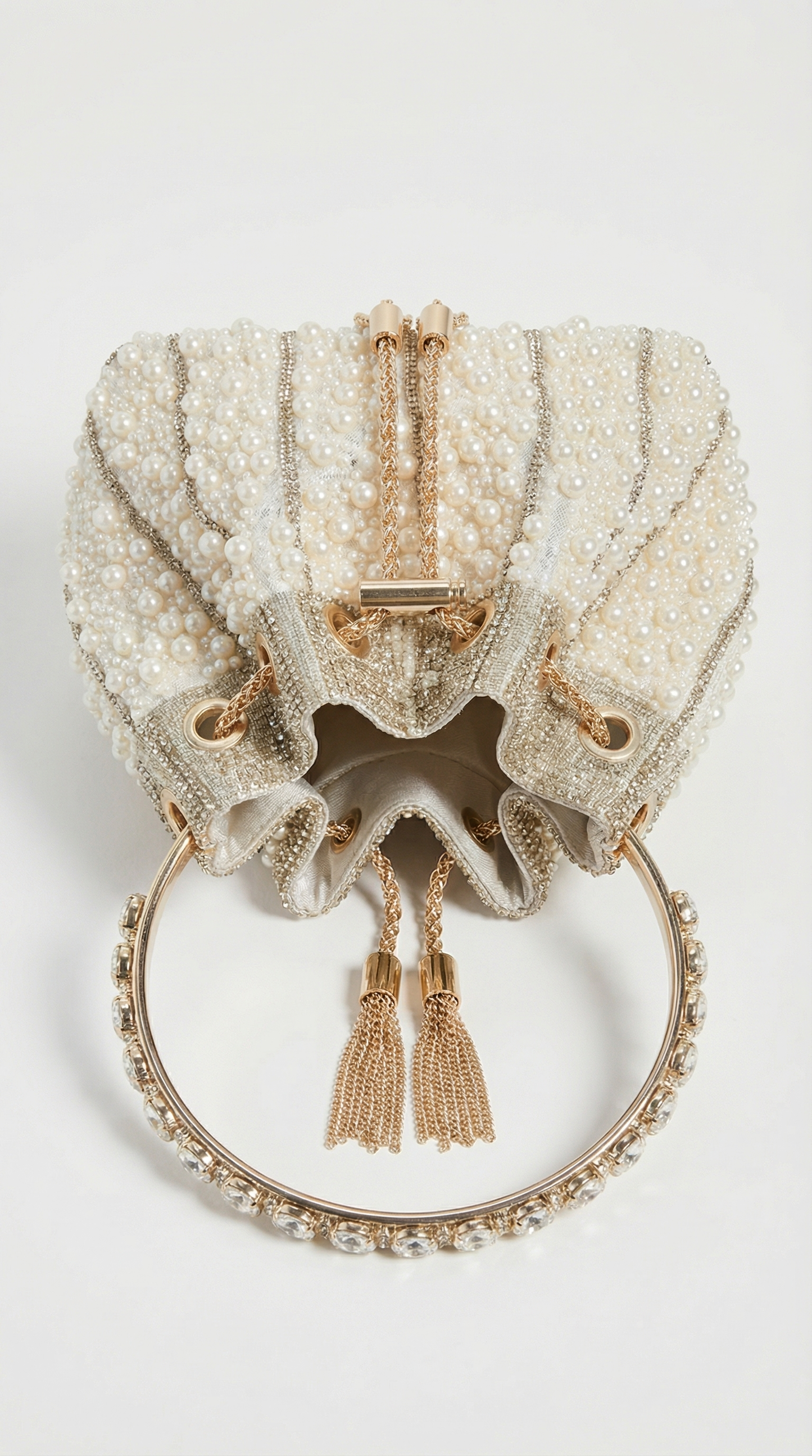 Esla - Pearl & Crystal-Embellished Drawstring Bucket Bag Beige