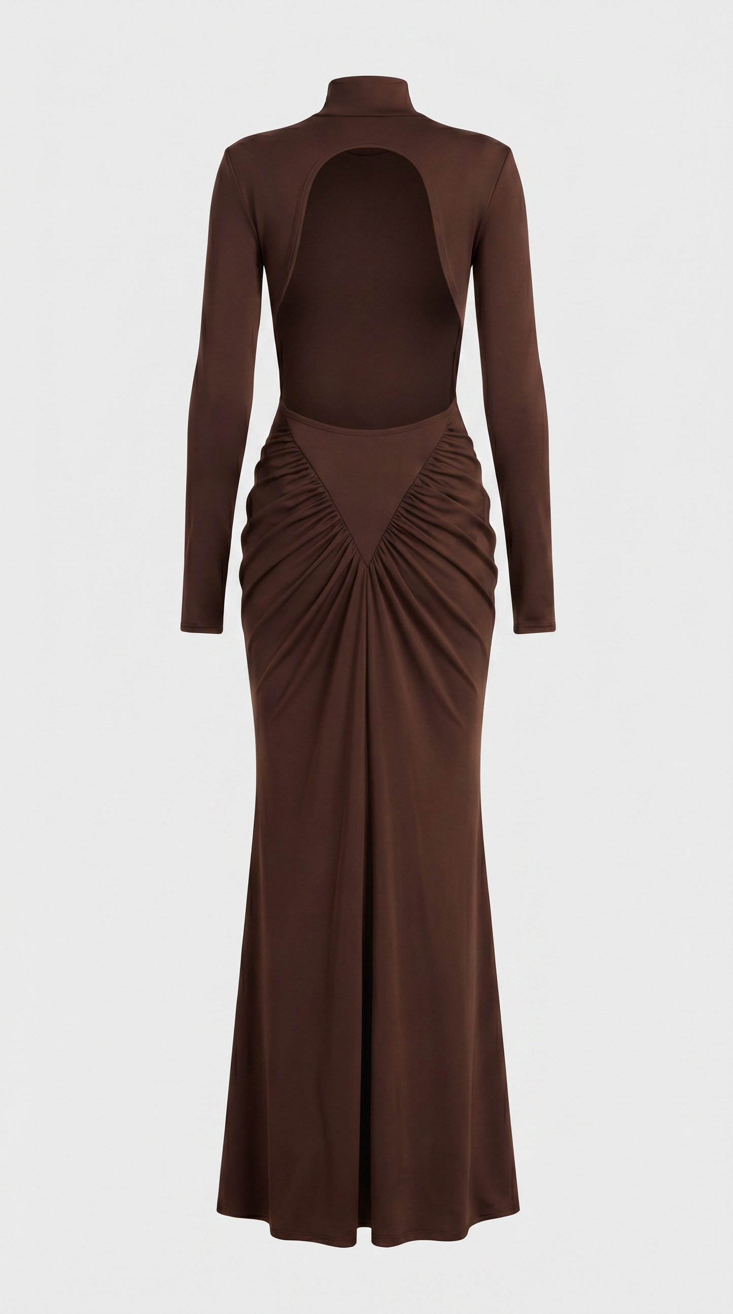 Aret - Ruched Cut-Out Mock-Neck Maxi Dress Brown