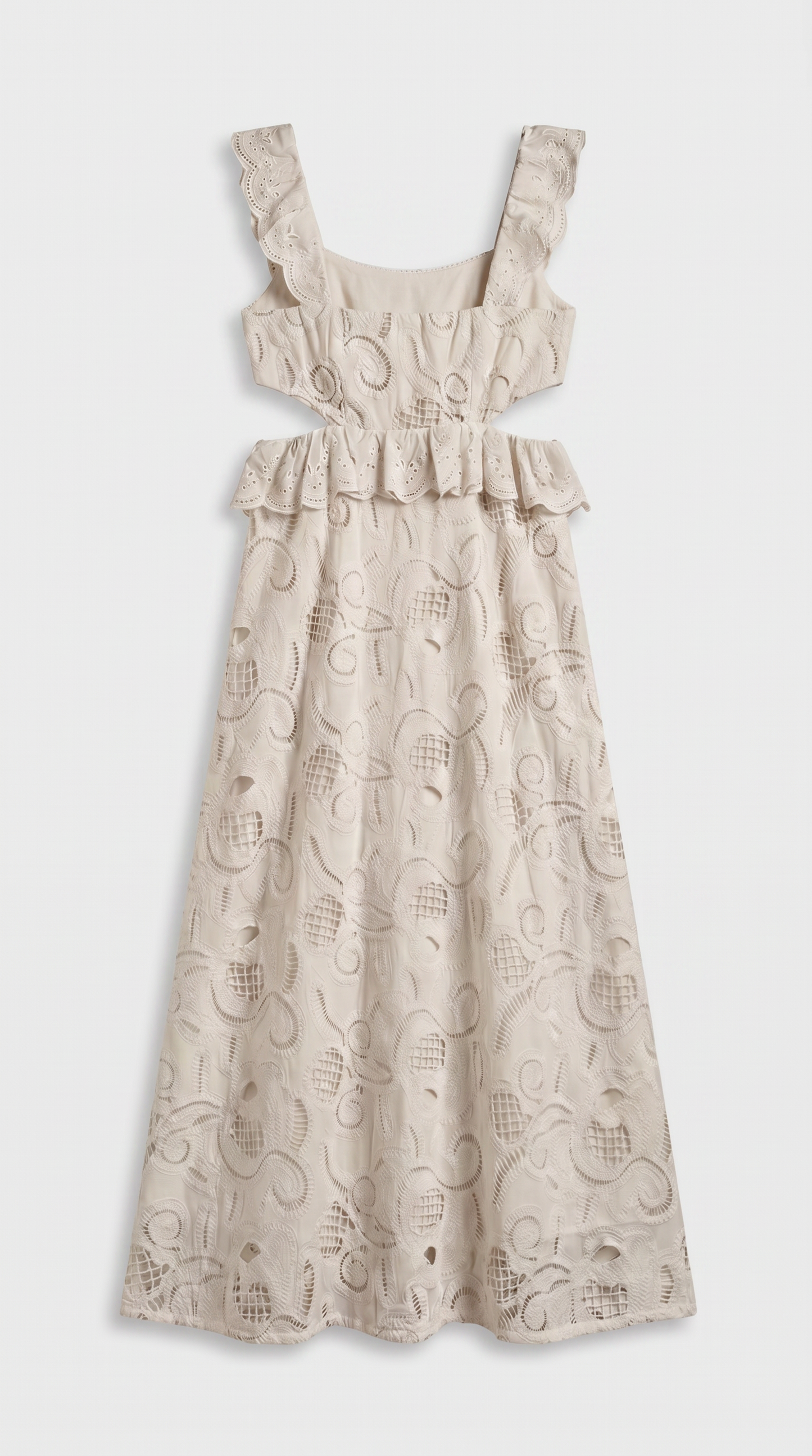 Venta - Ruffled Eyelet Cutout Midi Dress Beige