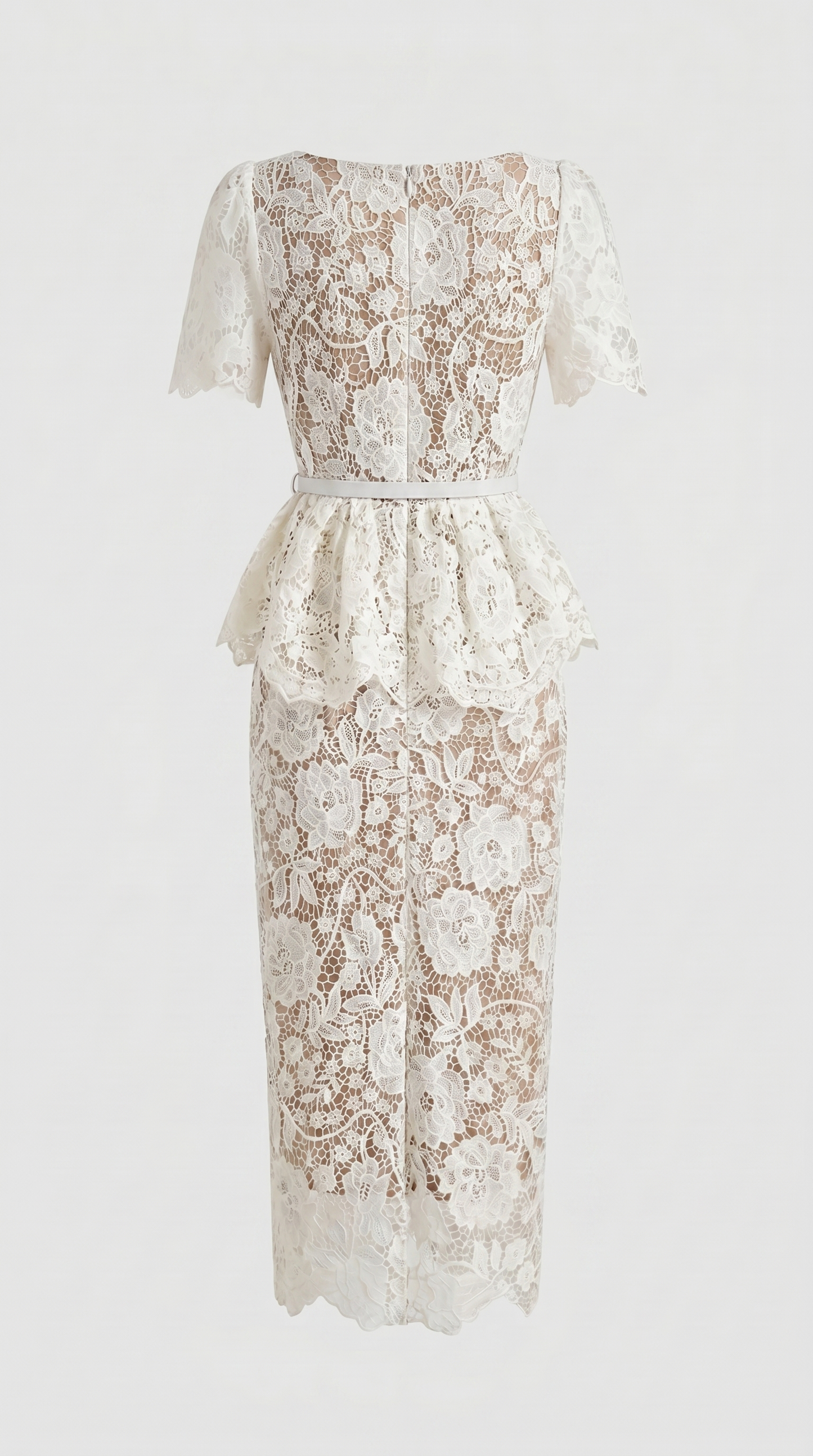 Kaza - Belted Peplum Lace Midi Dress