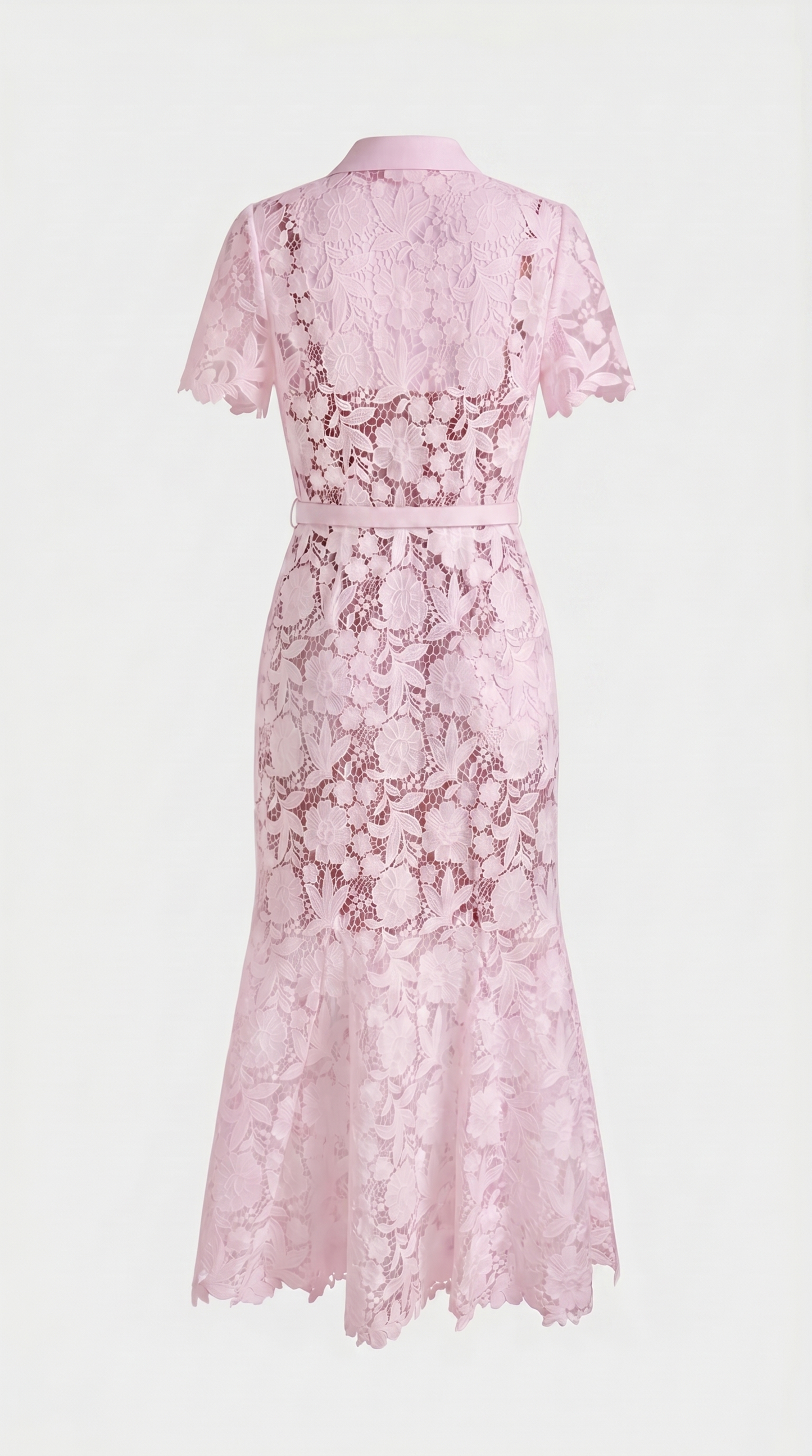 Oria - Belted Floral Lace Midi Shirt Dress Pink
