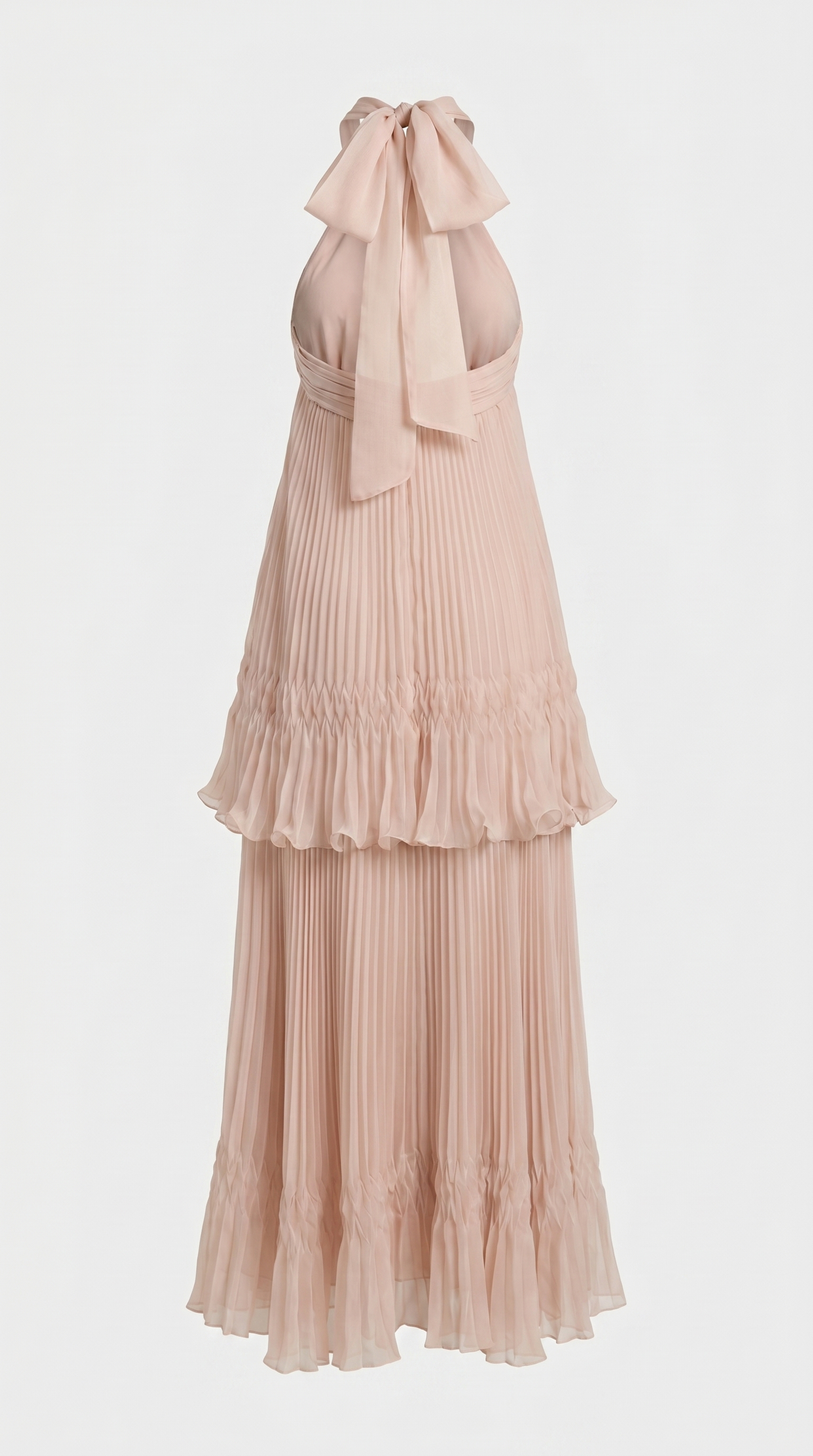 Cyan - Tiered Plissé Halter Maxi Gown