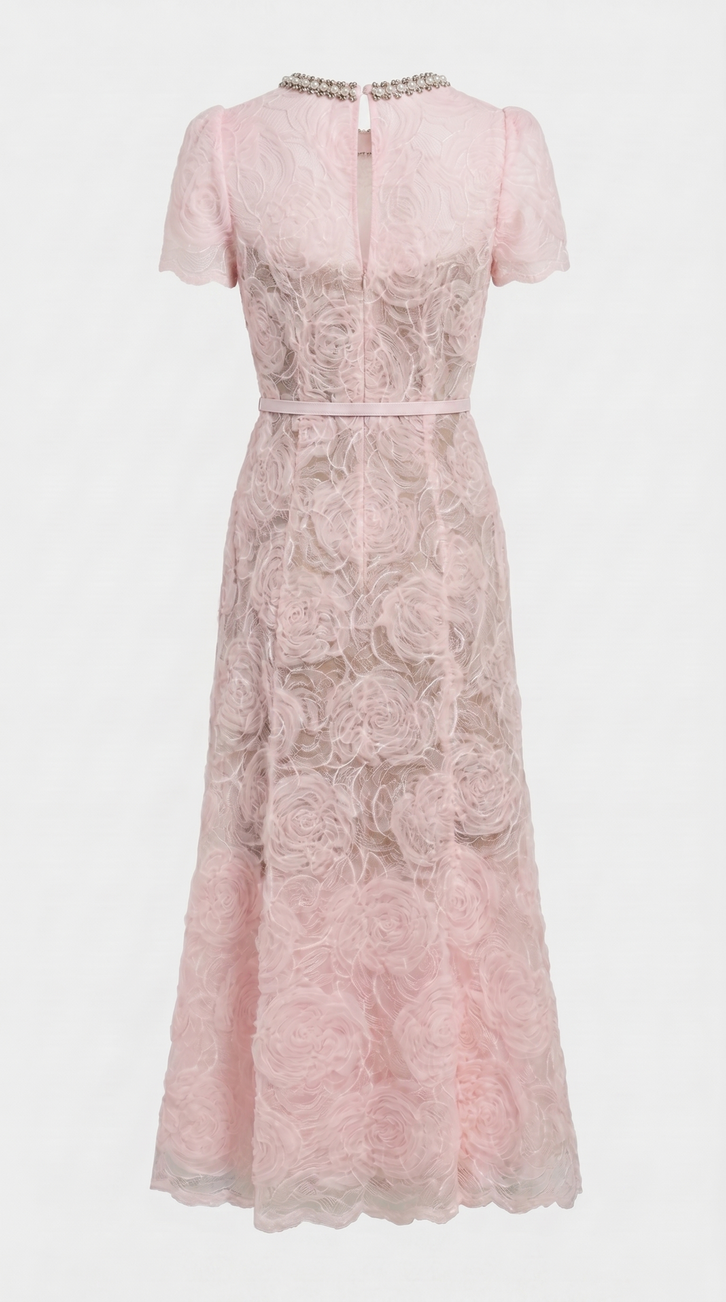 Tula - Rose Lace Maxi Dress with Crystal Neckline Pink
