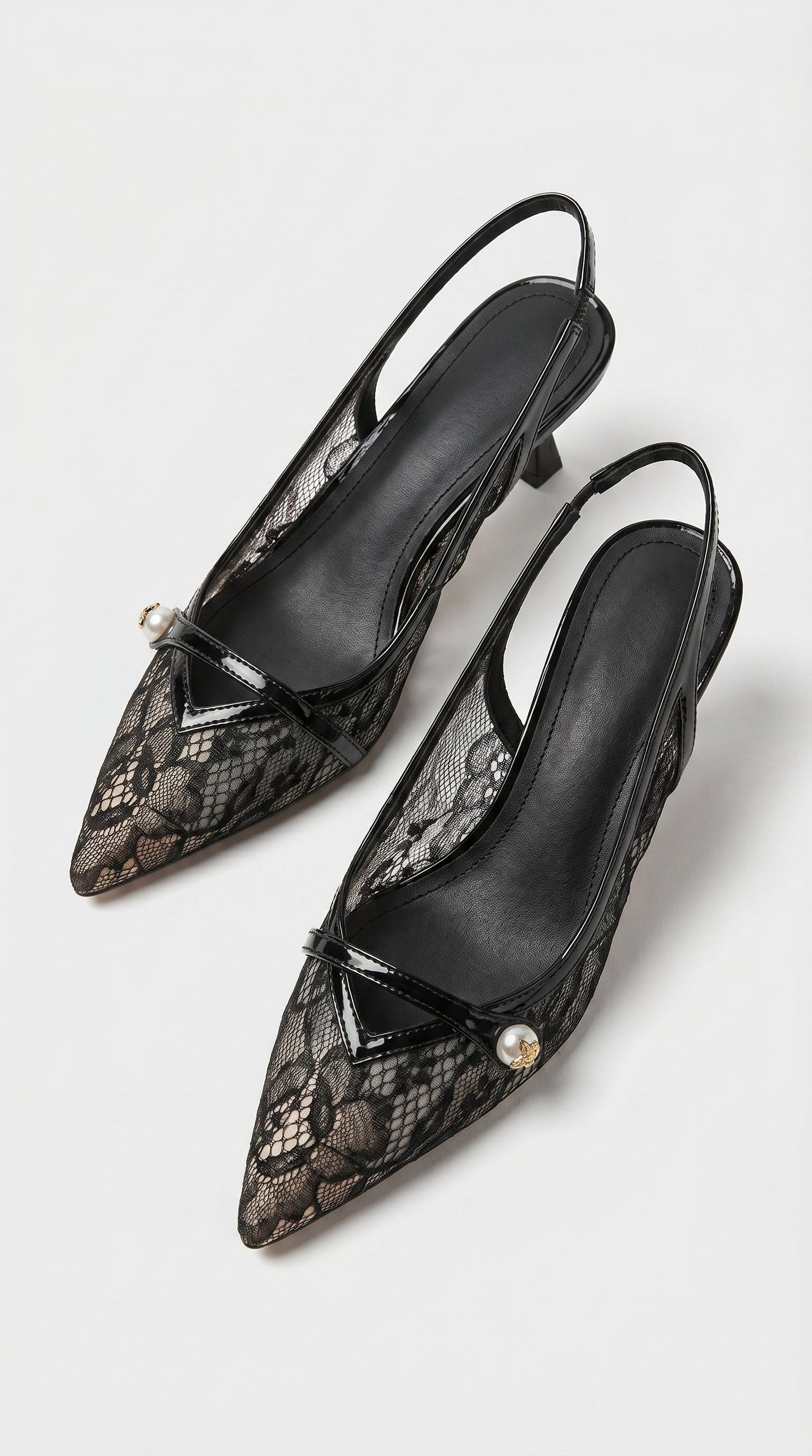 Camy - Lace-Paneled Pearl Slingback Kitten Heel Black