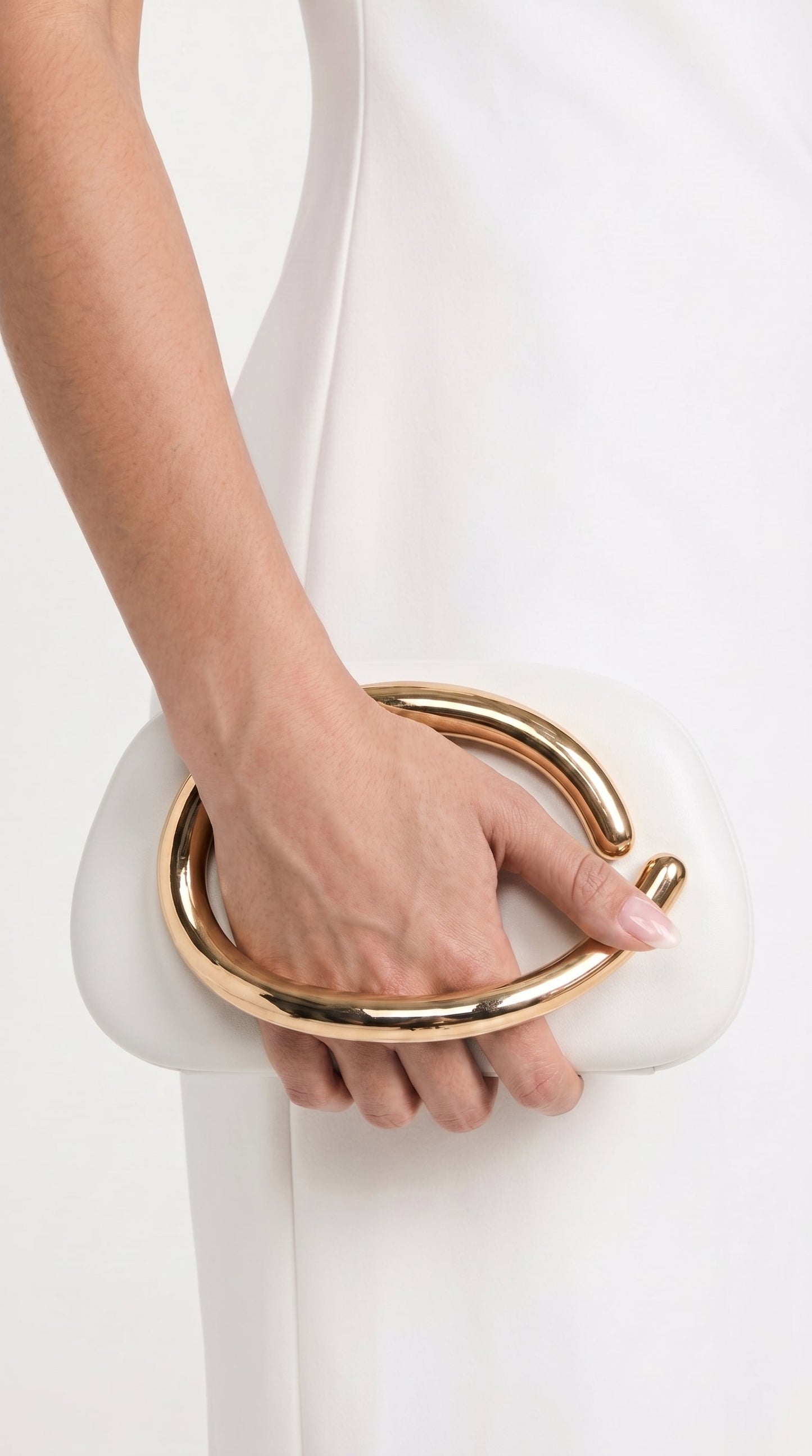Sage - Sculptural Metal-Handle Crescent Clutch White