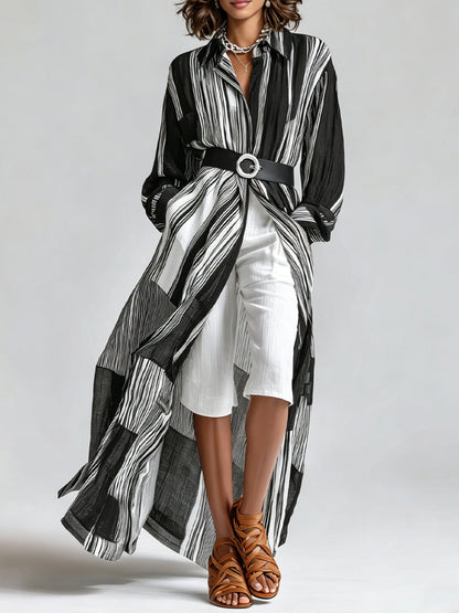 Striped Long Shirt Dress & White Mid-Length Shorts Set (With Belt)