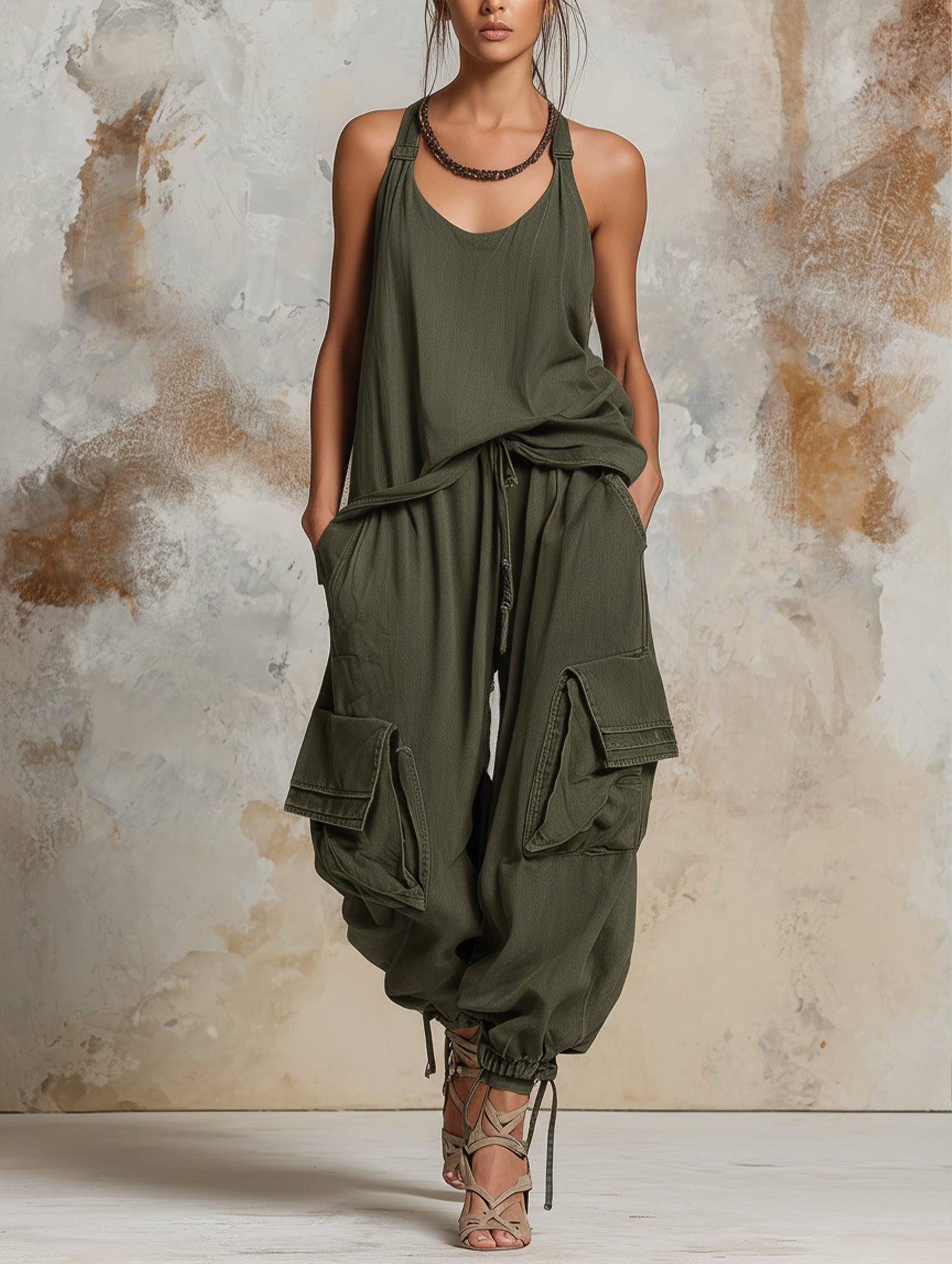 Casual green tank top and cargo pants set
