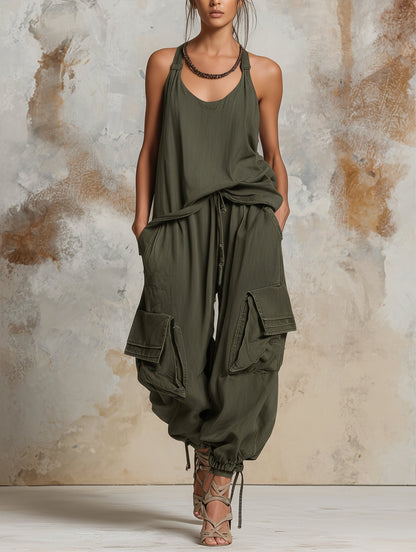 Casual green tank top and cargo pants set