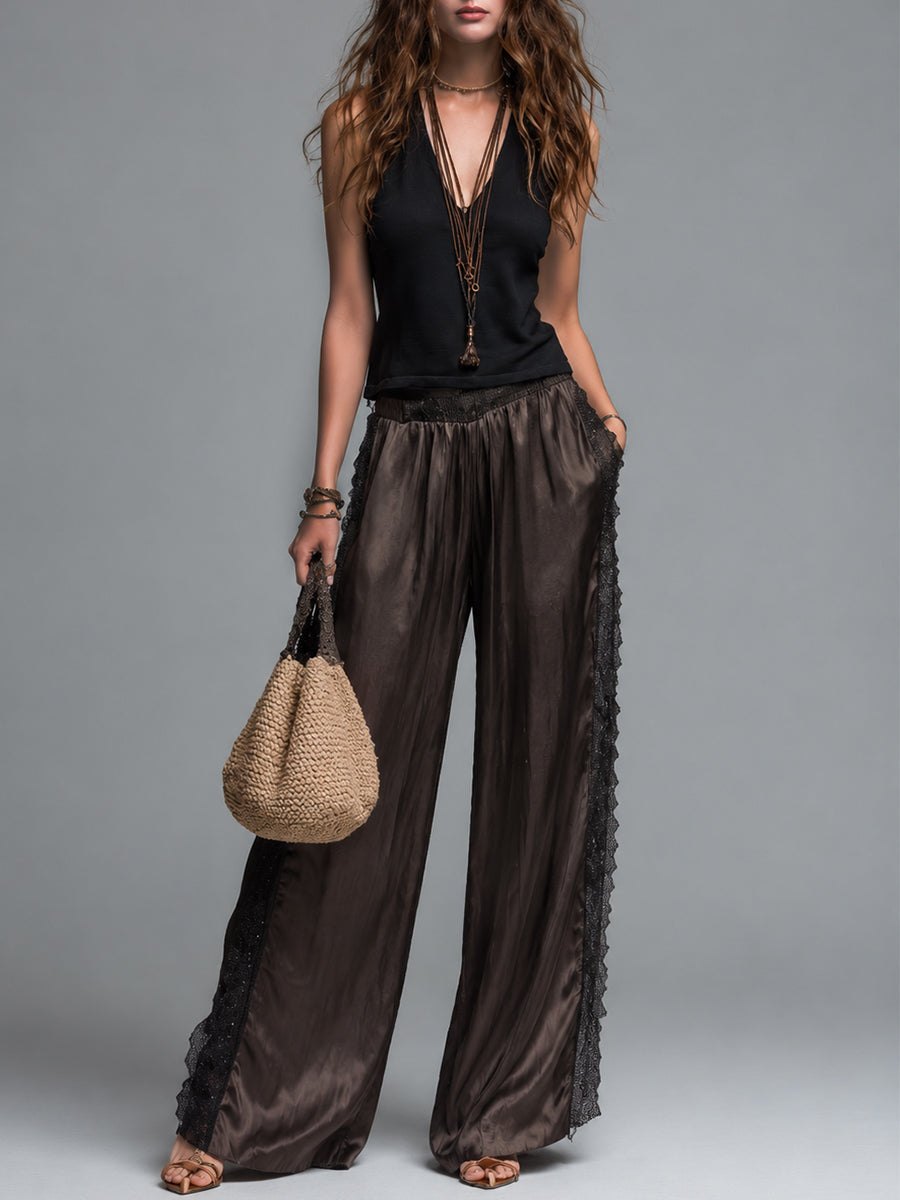 Casual V-neck tank and lace-trim wide-leg pants set