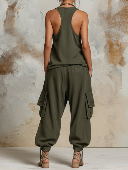 Casual green tank top and cargo pants set