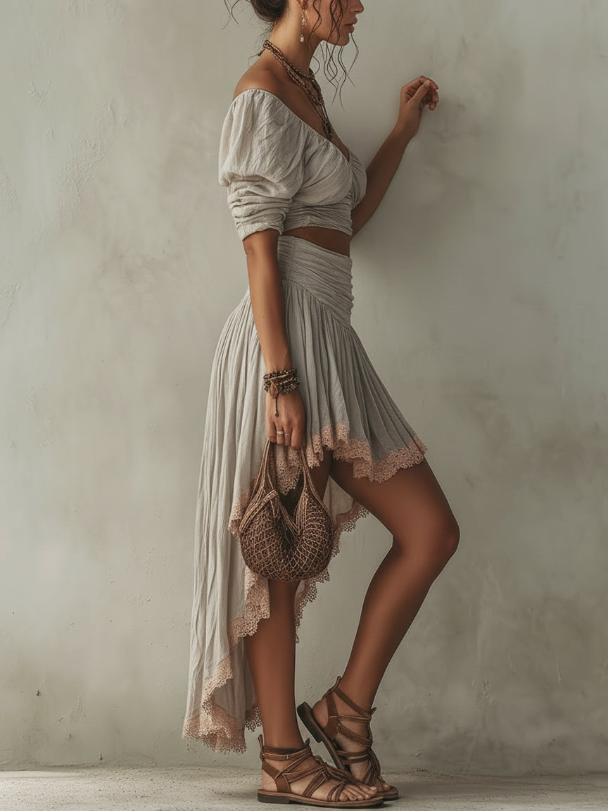Grey V-Neck Cropped Top and Lace-Hem Skirt Set