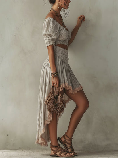 Grey V-Neck Cropped Top and Lace-Hem Skirt Set