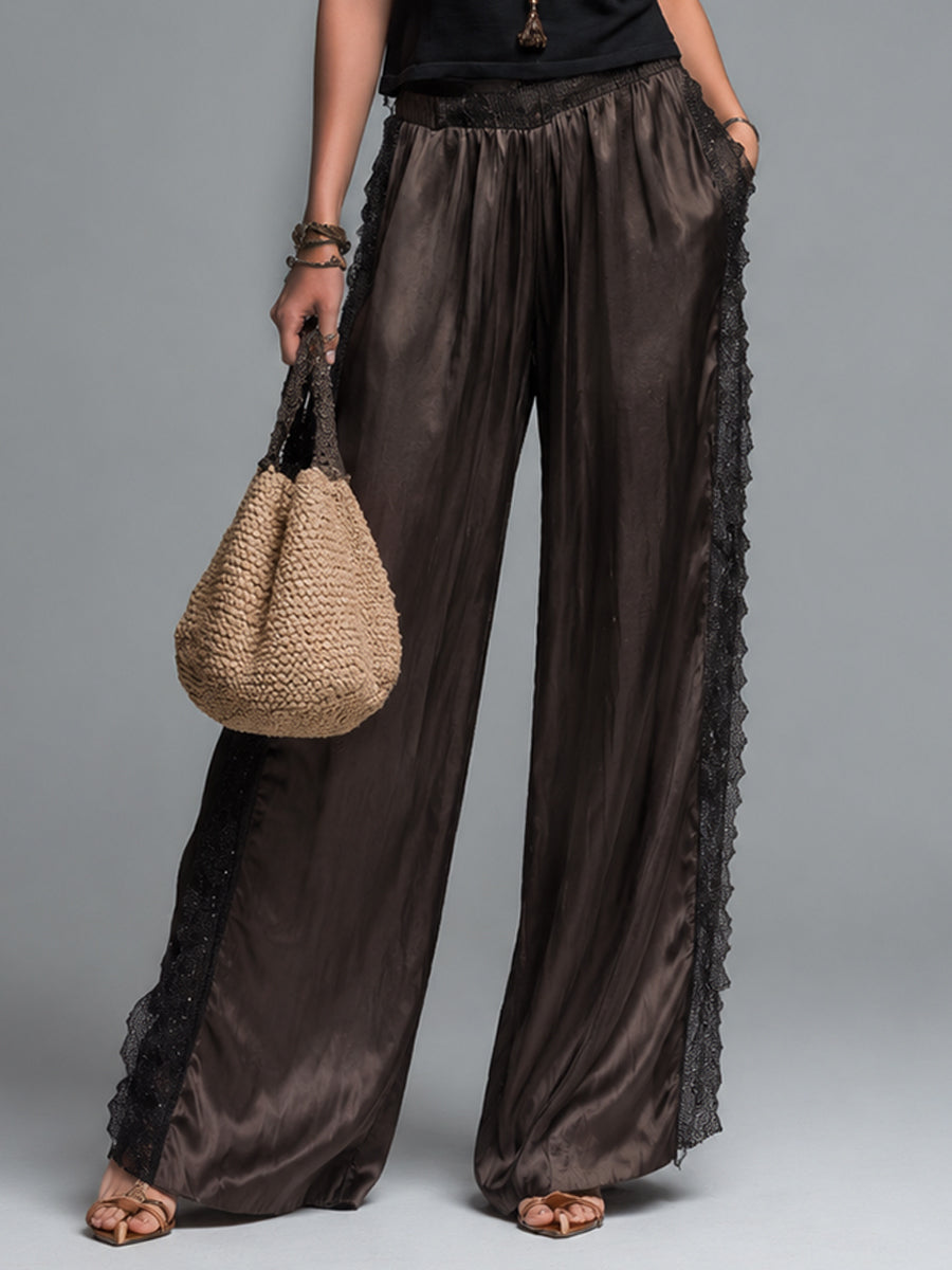 Casual V-neck tank and lace-trim wide-leg pants set