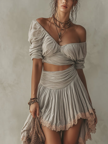 Grey V-Neck Cropped Top and Lace-Hem Skirt Set