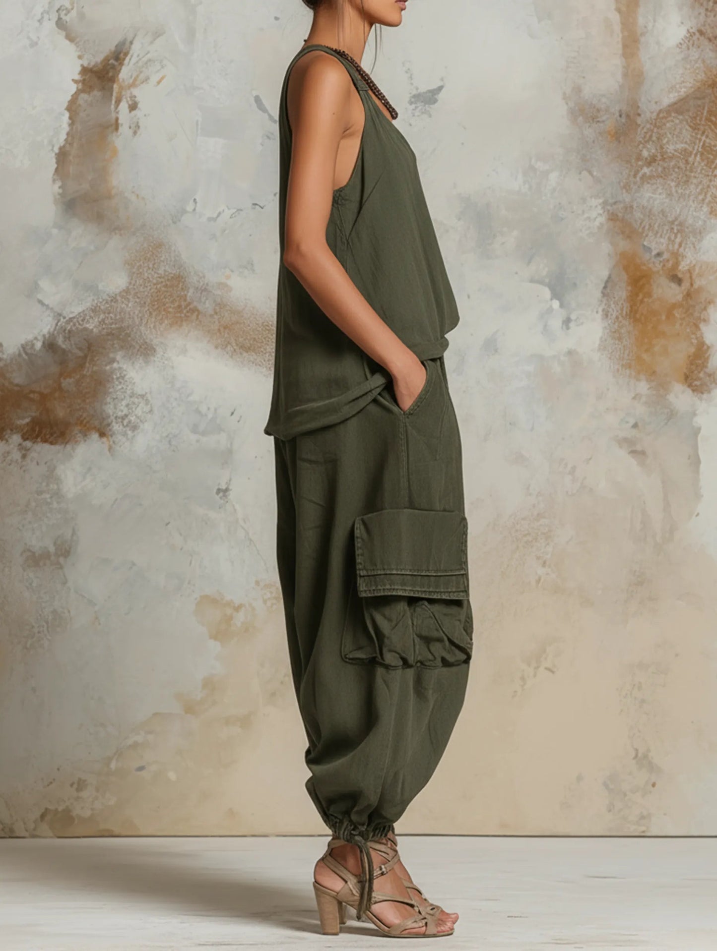 Casual green tank top and cargo pants set