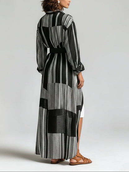 Striped Long Shirt Dress & White Mid-Length Shorts Set (With Belt)