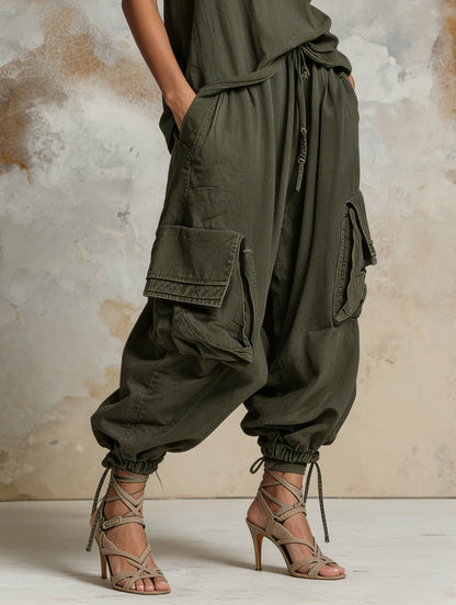 Casual green tank top and cargo pants set