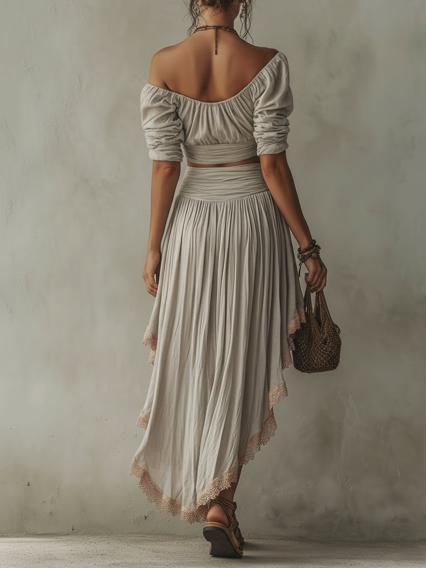 Grey V-Neck Cropped Top and Lace-Hem Skirt Set