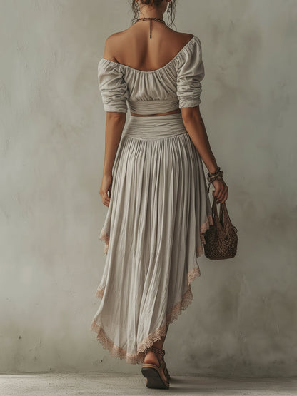 Grey V-Neck Cropped Top and Lace-Hem Skirt Set