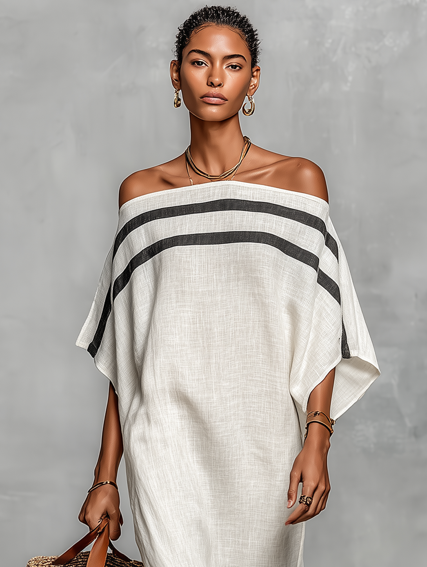 Abito lungo minimalista in lino da donna con scollo off-the-shoulder e maniche a pipistrello