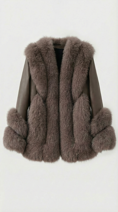 Esker – Fox Fur and Genuine Leather Classic Coat Brown