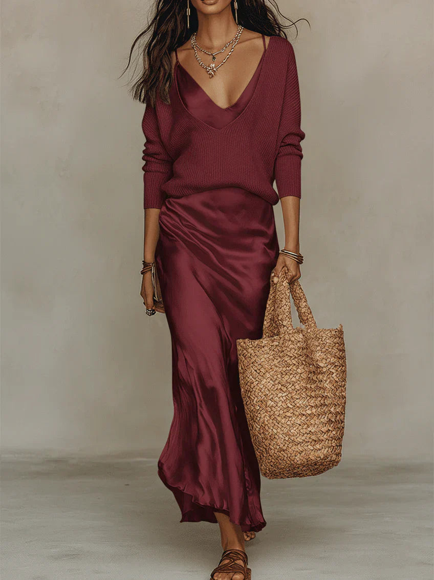 Elena | Abito Satinato Midi con Maglione Incluso