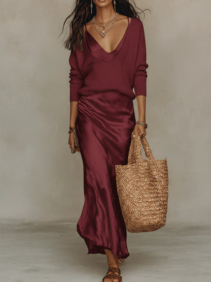 Elena | Abito Satinato Midi con Maglione Incluso