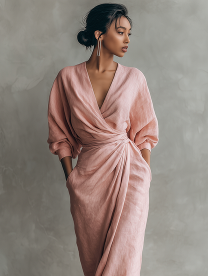 Abito lungo minimalista rosa con scollo a V in misto lino da donna