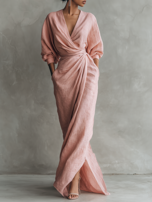 Abito lungo minimalista rosa con scollo a V in misto lino da donna