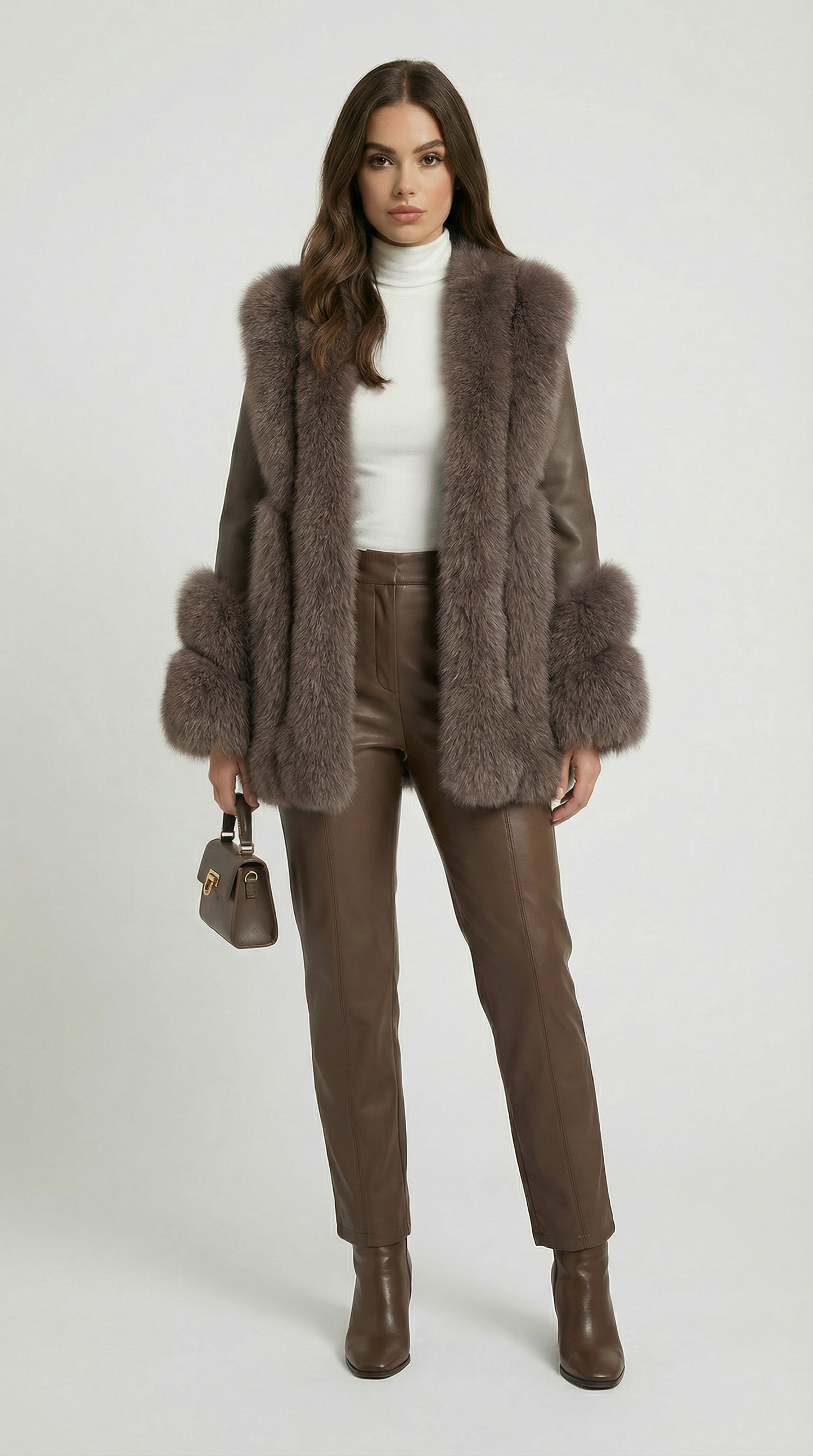 Esker – Fox Fur and Genuine Leather Classic Coat Brown
