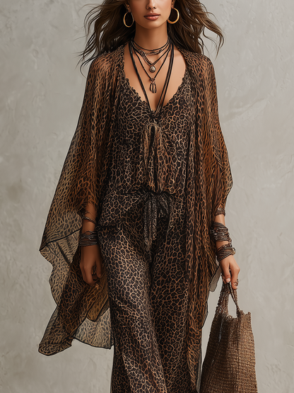 Bohemian Gradient Leopard Print Flowing Robe Three-piece Set