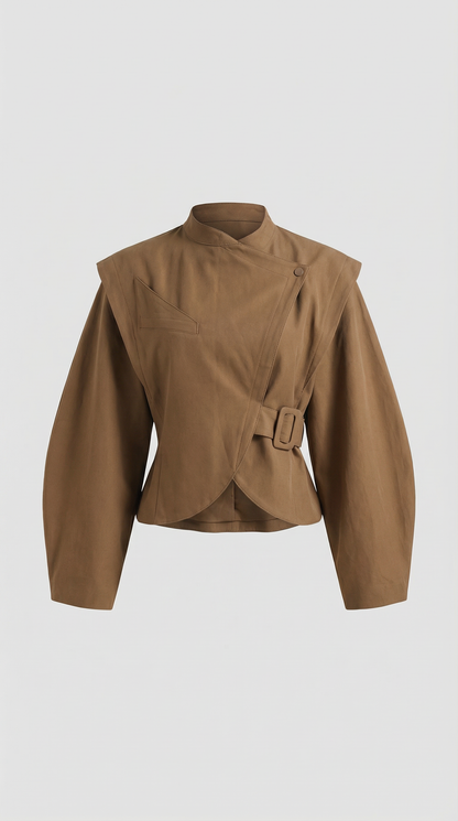 Maravel - Sculpted Wrap Jacket with Stand Collar and Asymmetric Wrap Brown