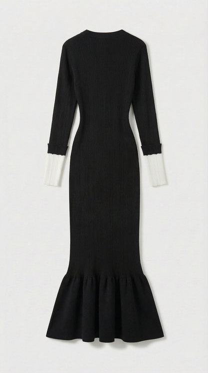 Yva - Fishtail Dress Women with Deep V Neck and Jewellery Buttons Black
