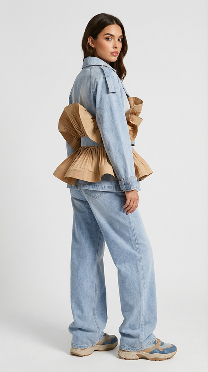 Seraphine - Ruffle Denim Jacket with Classic Lapel Collar