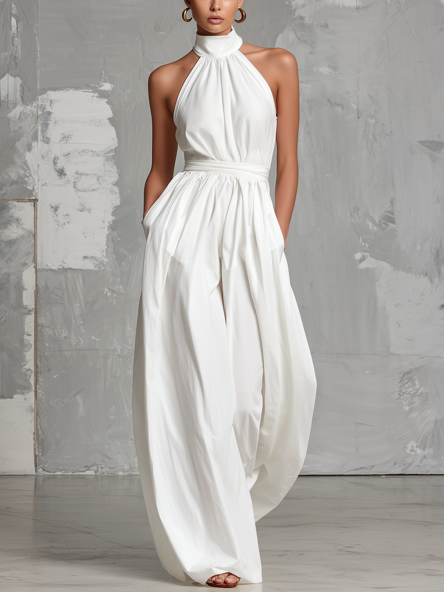 Fiamma | Elegante tuta bianca in tessuto intrecciato con collo halter senza maniche