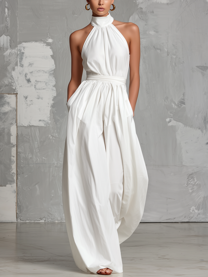 Fiamma | Elegante tuta bianca in tessuto intrecciato con collo halter senza maniche