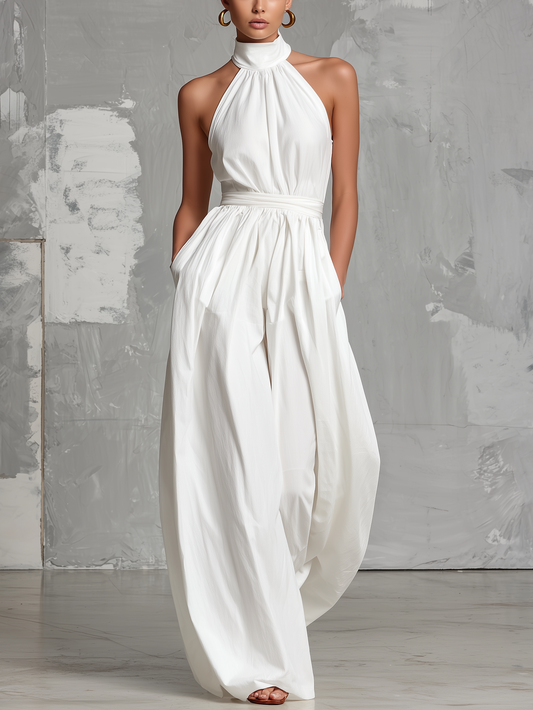 Fiamma | Elegante tuta bianca in tessuto intrecciato con collo halter senza maniche