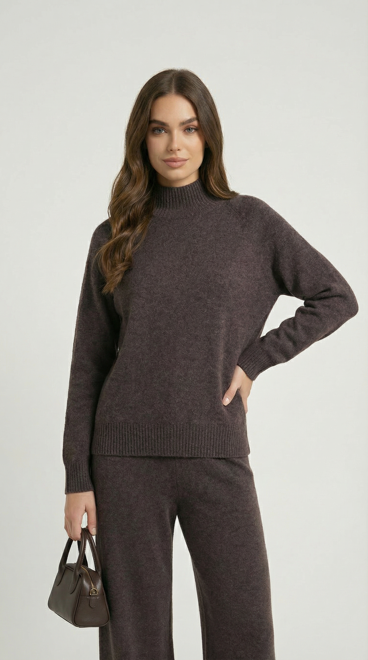 Vilo - 100% Wool Set with Thick Sweater and Wide Pants Brown