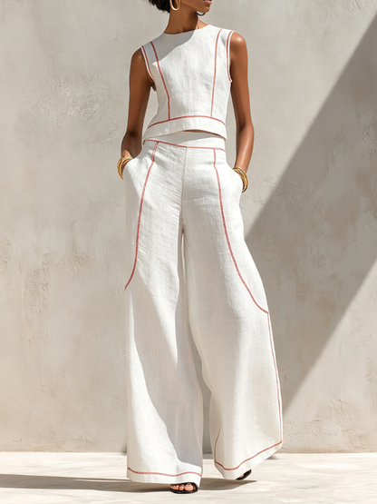 Women's Minimalist Linen-Blend Blouse & Wide-Leg Pants Set