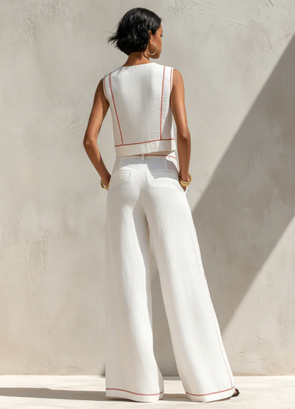 Women's Minimalist Linen-Blend Blouse & Wide-Leg Pants Set
